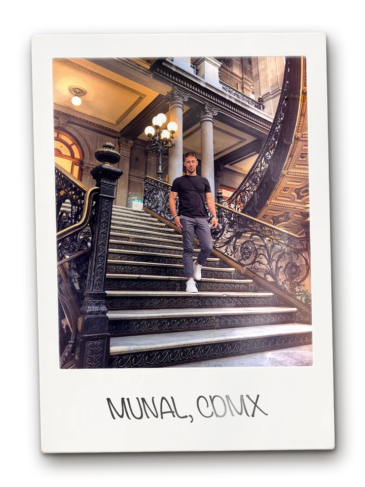 Andrew D. Daily on the bronze staircase of the Museo Nacional de Arte in Mexico City's Centro Histórico